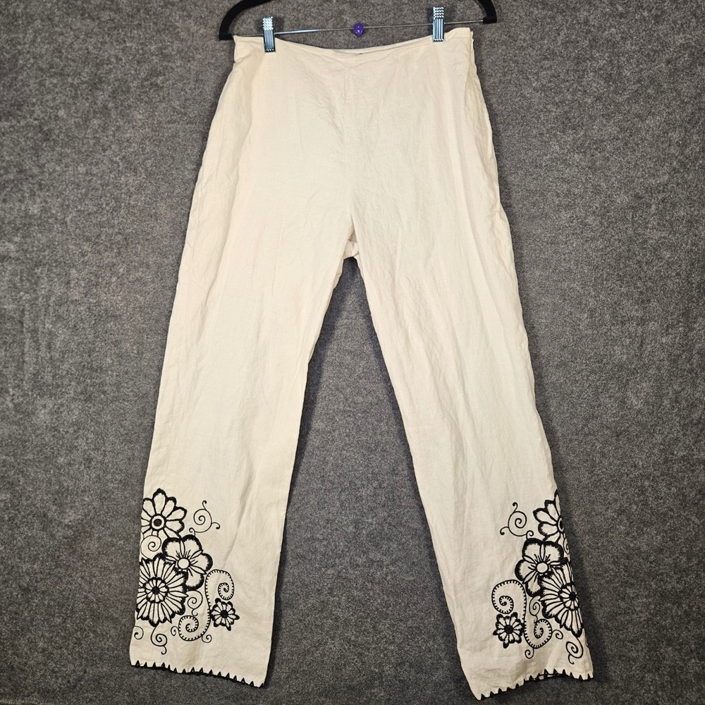 Women Cream Linen Floral Embroidered Beachy Vacation Cruise Boho Pants Sz 6